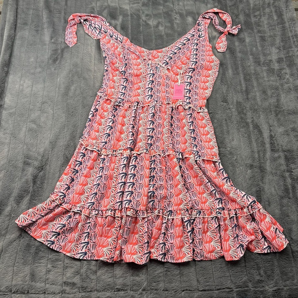 Simply Southern Pink Navy Seashell Tiered Mini Dress Tie Shoulder Medium 14158